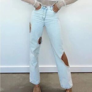 Women's Straight Leg Jeans with Embellished Cutouts
